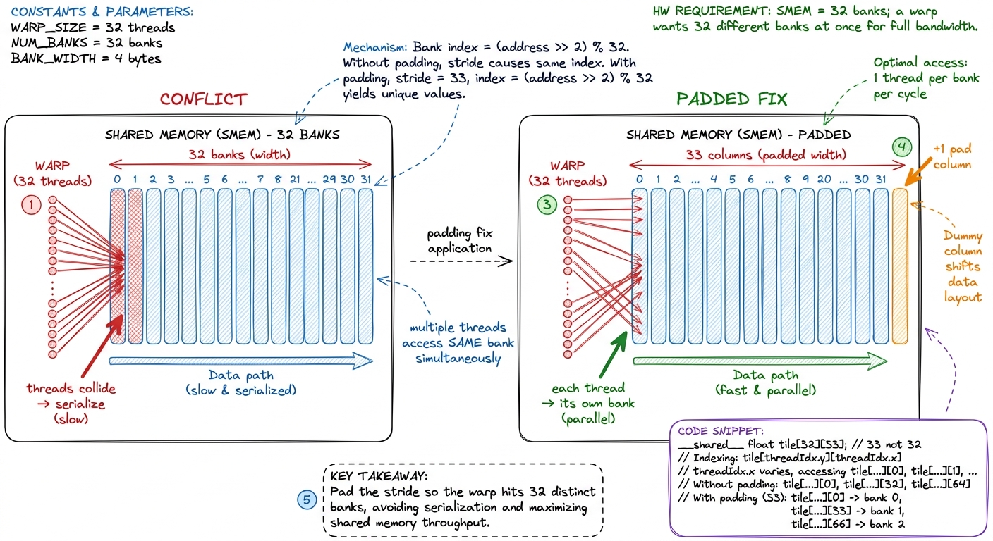 Bank conflicts and the one-column padding fix: spread the warp across all 32 banks.