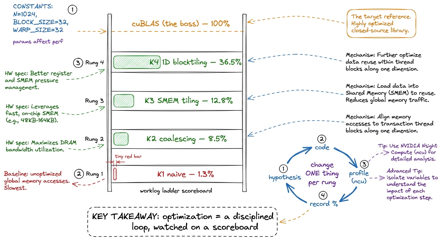 The GEMM ladder as a scoreboard: each rung is one hypothesis-code-profile-measure loop climbing toward cuBLAS.
