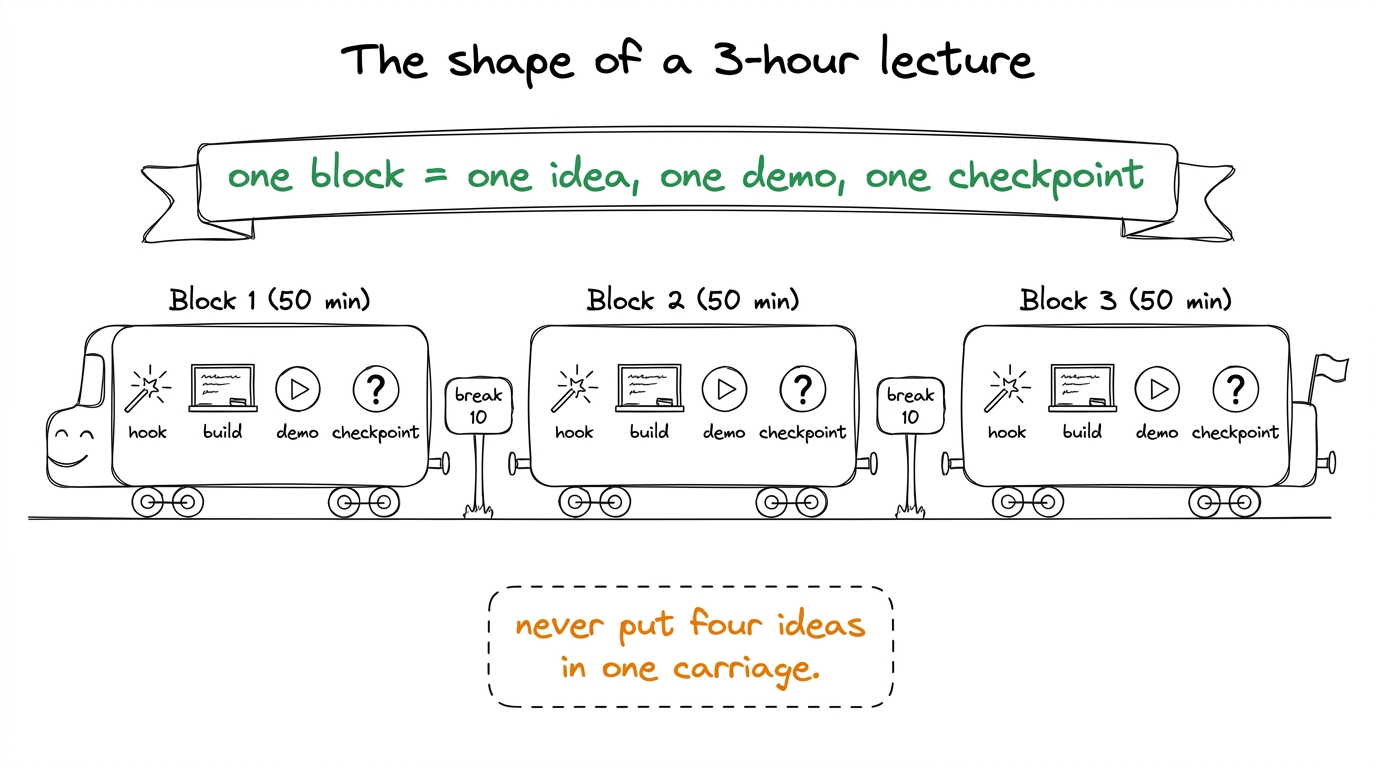 The universal rhythm: three blocks, each a self-contained idea-demo-checkpoint unit, with breaks to digest.