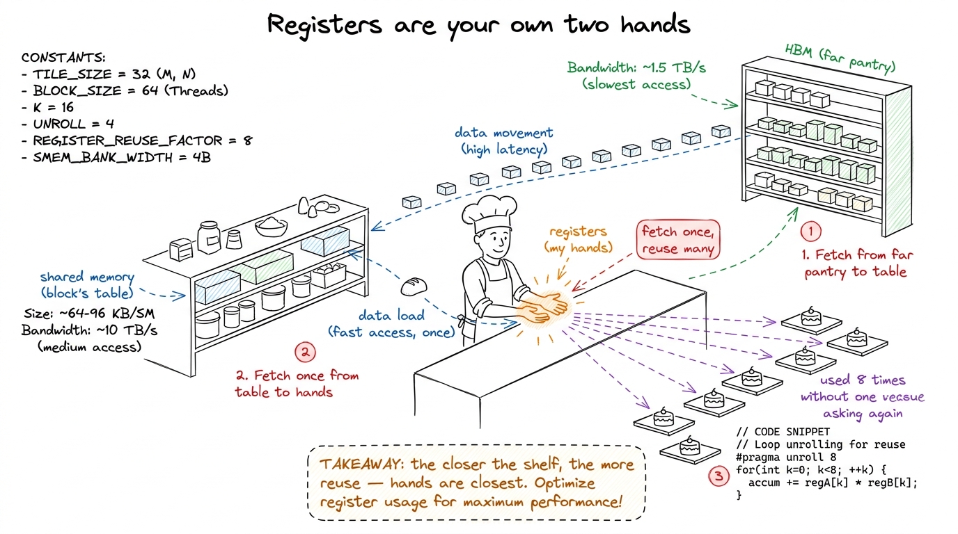 The register tier taught as a cook's own hands: fetch a value once from the table, reuse it eight times without asking a