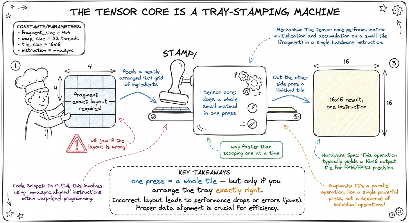 Tensor cores taught as a tray-stamping machine: it plates a whole tile in one press, but only accepts a precise ingredie