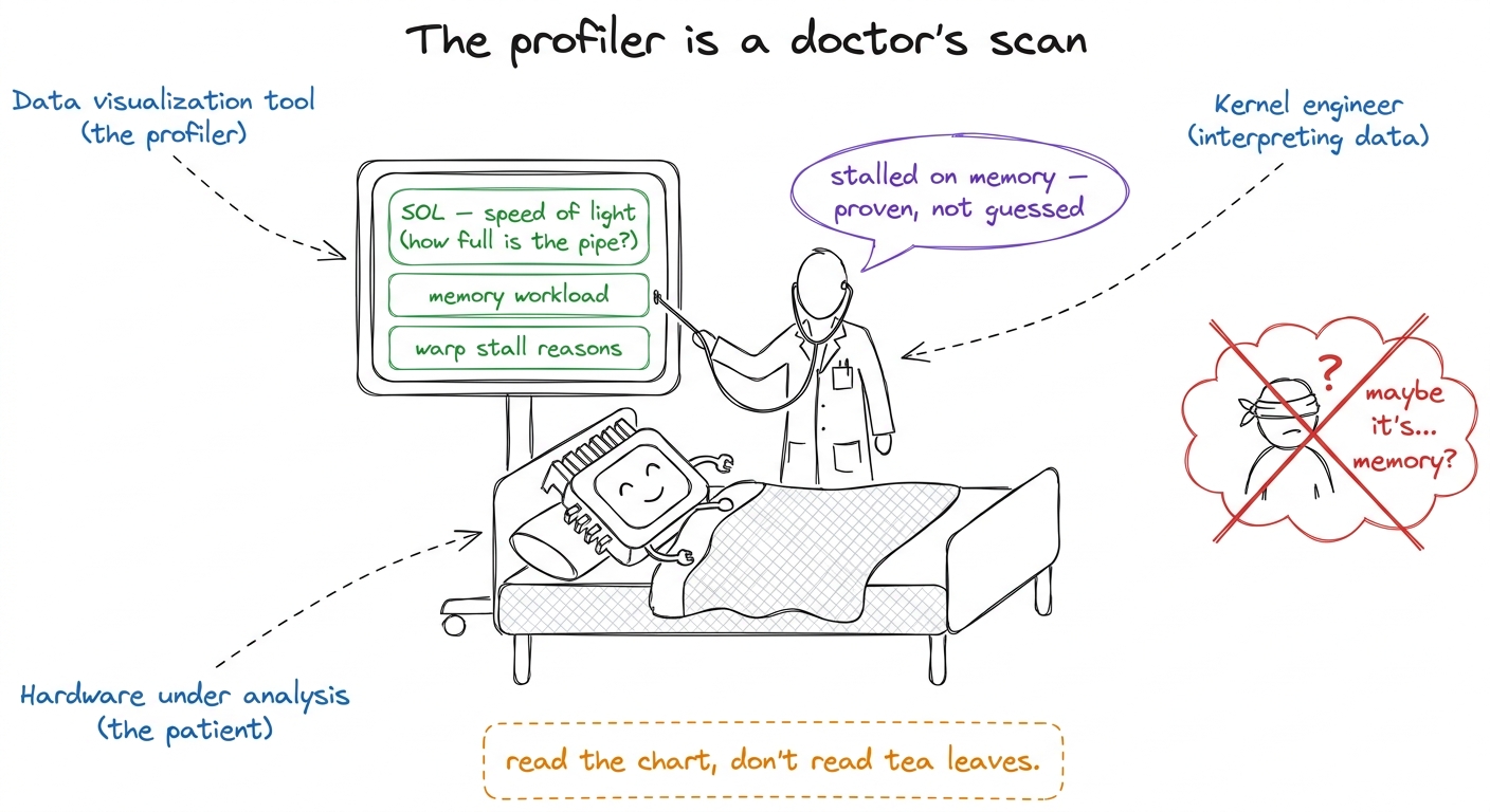 Profiling taught as diagnosis: the good engineer reads the scan (SOL, memory workload, stall reasons) instead of guessin