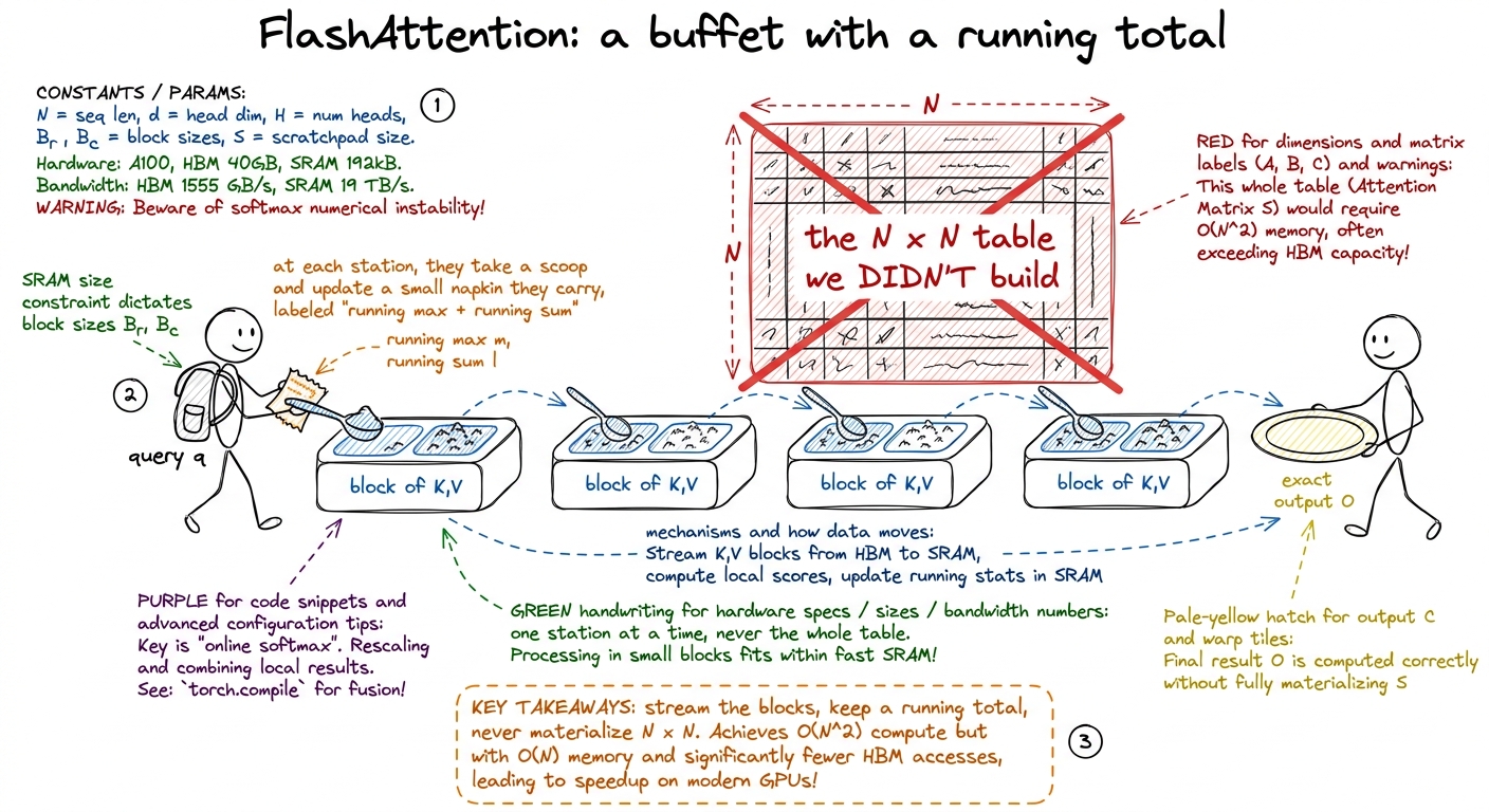 FlashAttention as a buffet eaten one station at a time with a running total on a napkin — the online-softmax trick that 