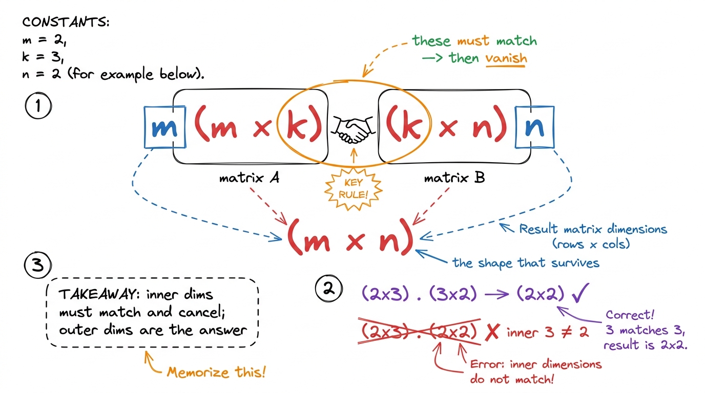 The shape rule as a handshake: inner dimensions must match and cancel; outer dimensions survive.