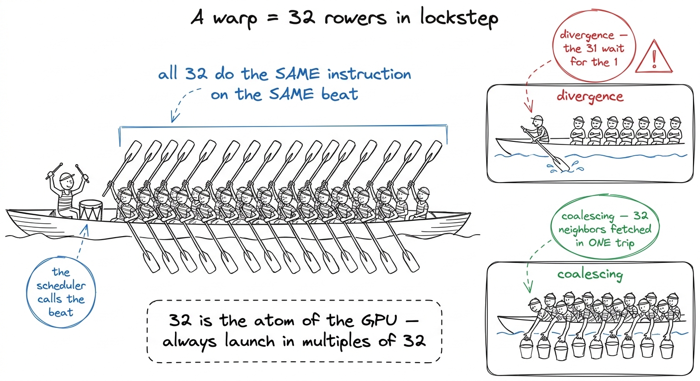 The warp as a 32-oar rowing crew: same stroke together, and why neighbors-in-one-trip (coalescing) is so fast.