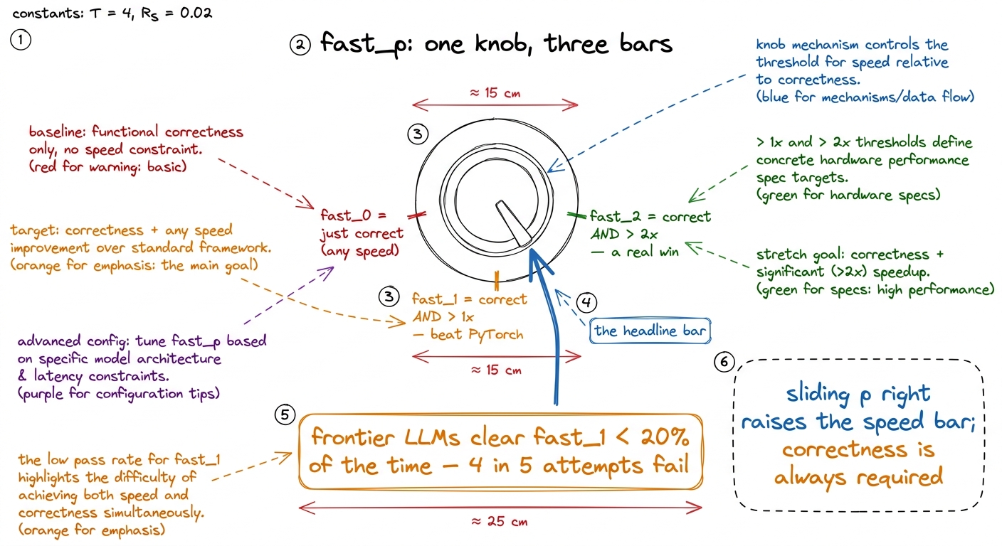 fast_p as a single dial: p sets how much speedup you demand, and even the best models clear the fast_1 detent less than 