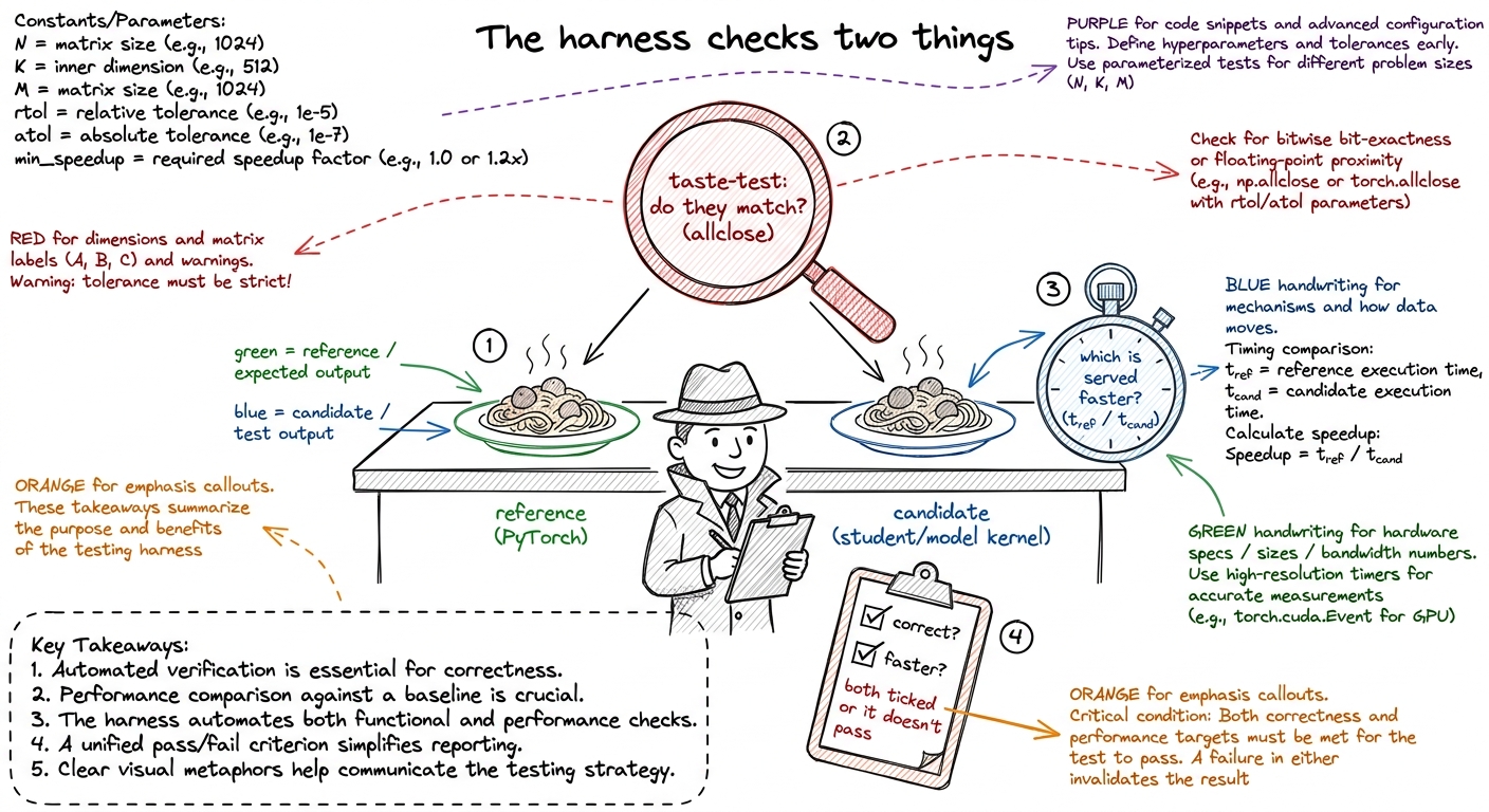 The harness as a kitchen inspector: it tastes both dishes for a match, then times which is served faster — both boxes mu