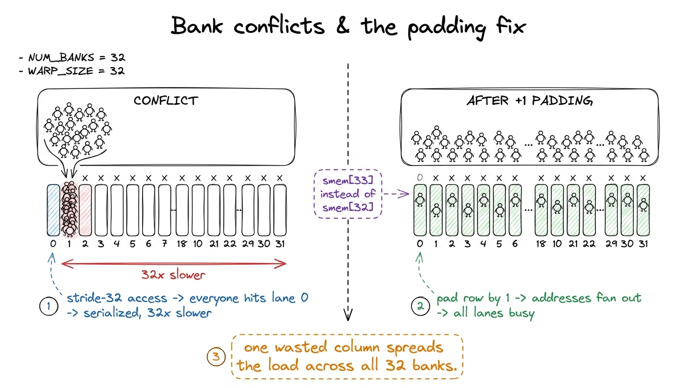 Bank conflicts as a single-lane checkout jam, and why padding by one fans the shoppers across all lanes.