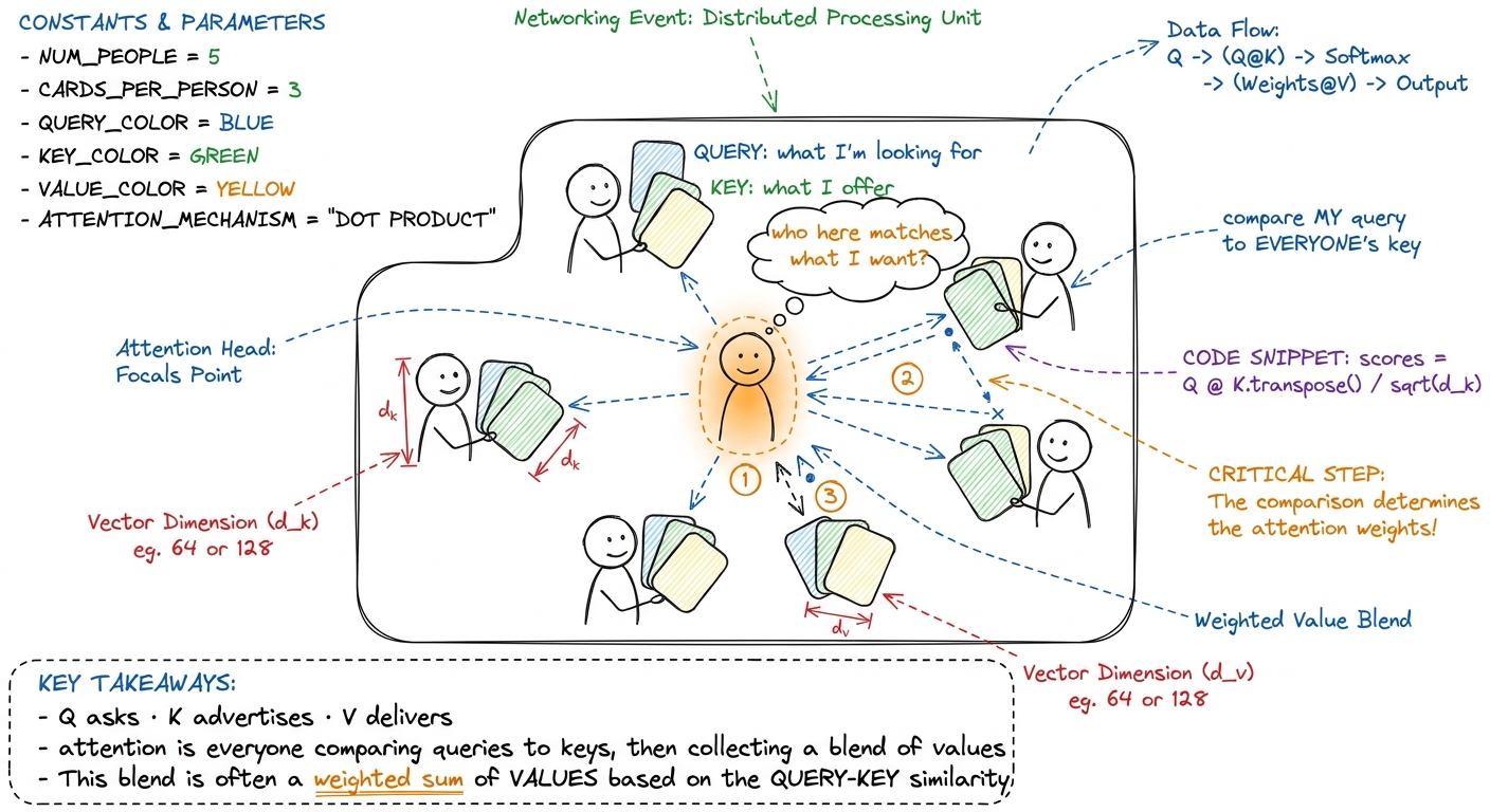 The attention metaphor: a room of people comparing their query card to everyone's key card, then collecting a blended ha
