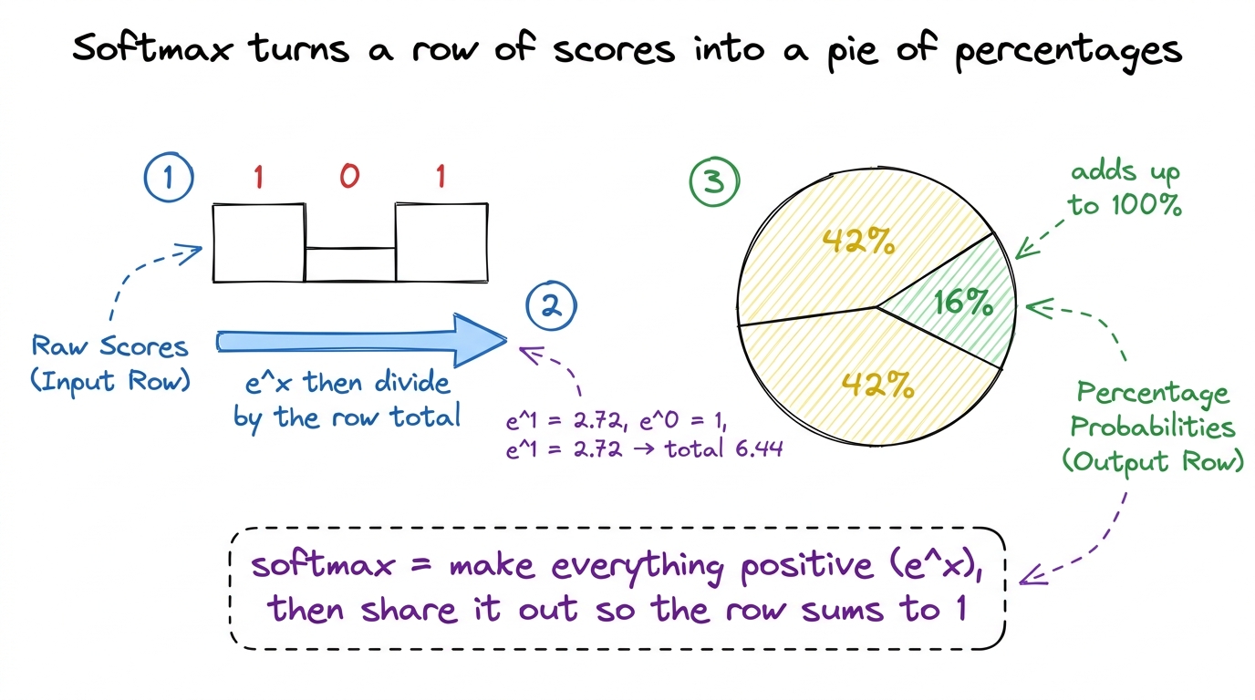 Softmax, drawn as turning a row of raw scores into a pie chart of attention percentages that sum to 100%.