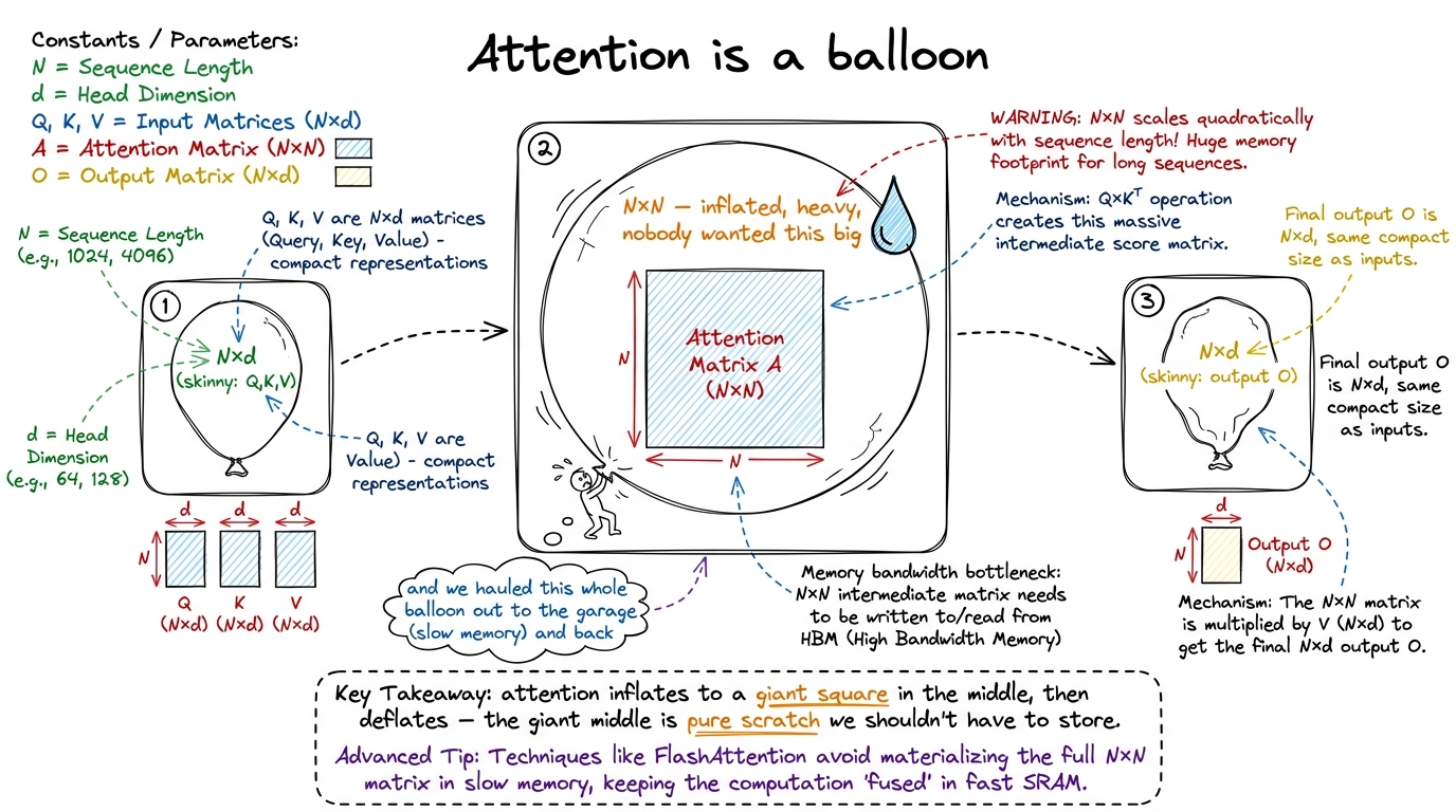 The balloon metaphor: attention inflates to a giant N×N square in the middle and deflates back to skinny — the fat middl