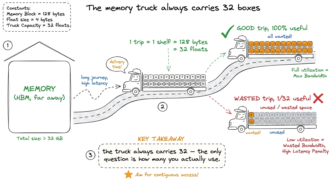 The one hardware fact the whole lesson rests on: memory always arrives in shelves of 32, so a wasted shelf is wasted ban