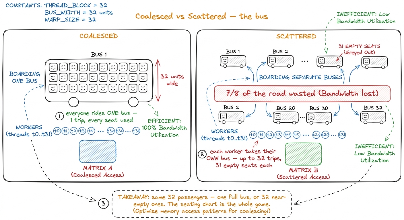 The emotional core of the chapter drawn as buses: 32 riders either share one full bus (coalesced) or splinter into 32 ne