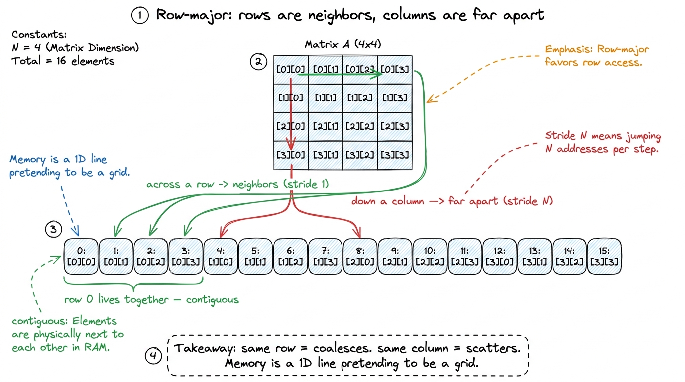 Why direction matters: a matrix is stored one row at a time, so walking across a row is contiguous but walking down a co