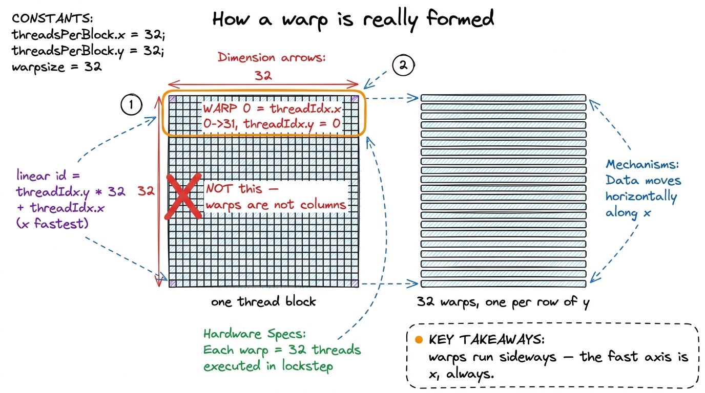 The technical translation of the common confusion: the hardware flattens a block x-first, so each warp is a horizontal r