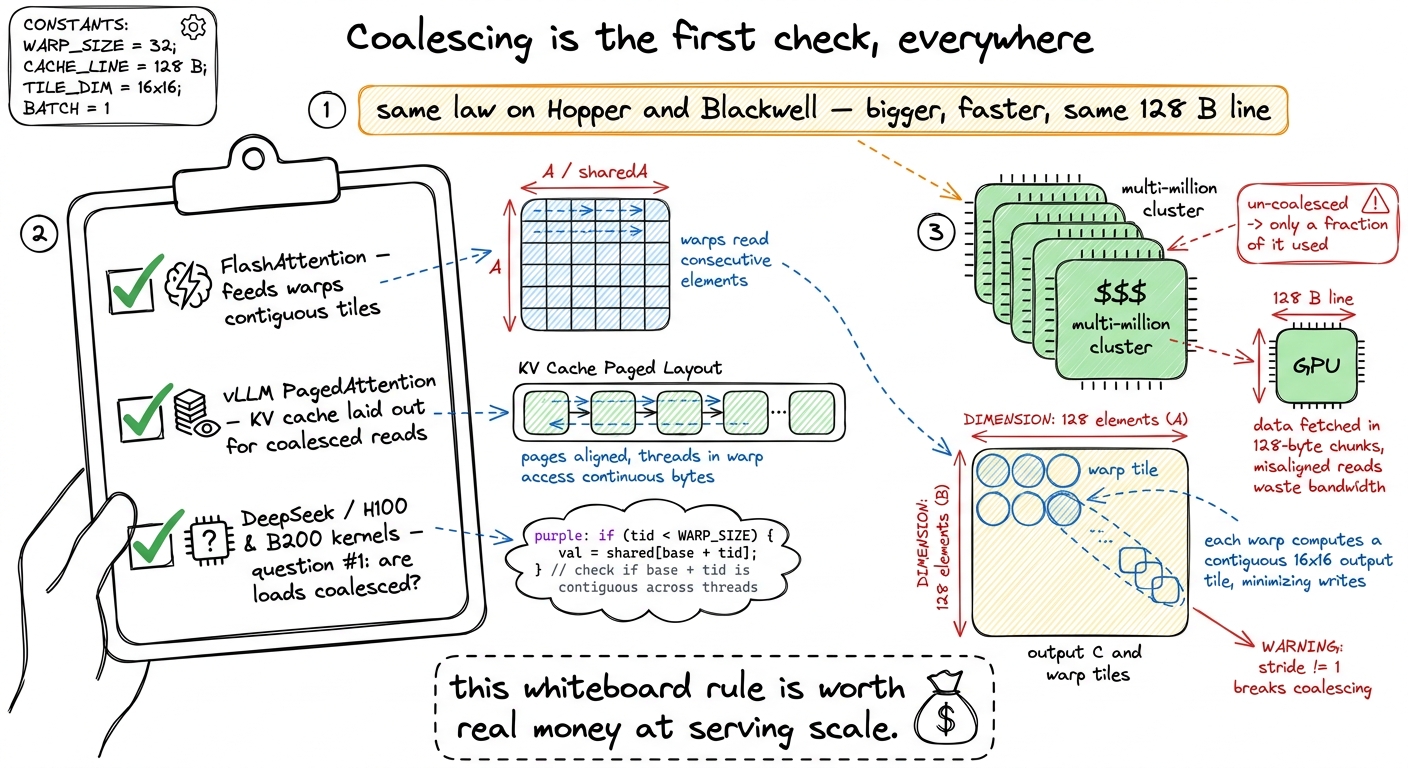 Where the one rule lives in production: FlashAttention, vLLM, and every hand-tuned DeepSeek H100/B200 kernel start by ch