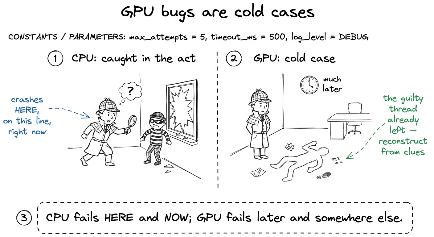 The core mental model: a CPU crash is a live scene; a GPU bug is a cold case you reconstruct after the fact.