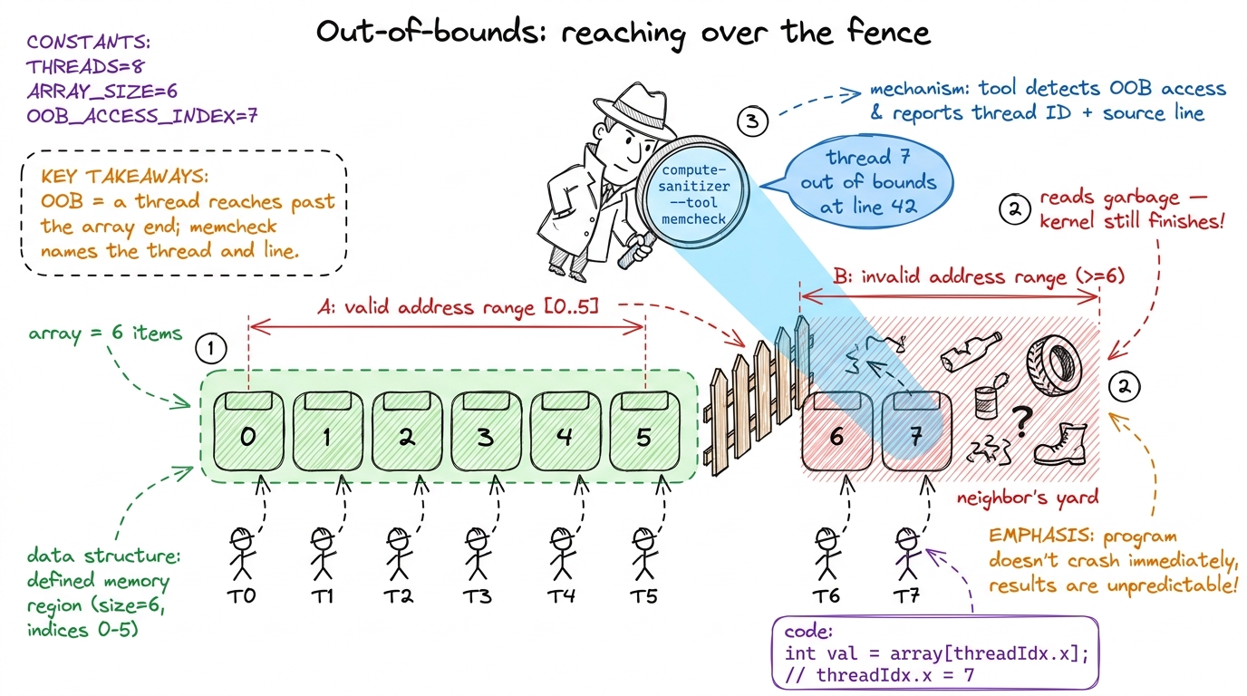 The out-of-bounds crime and its detective: threads reach past the fence, and memcheck fingers the exact thread and line.