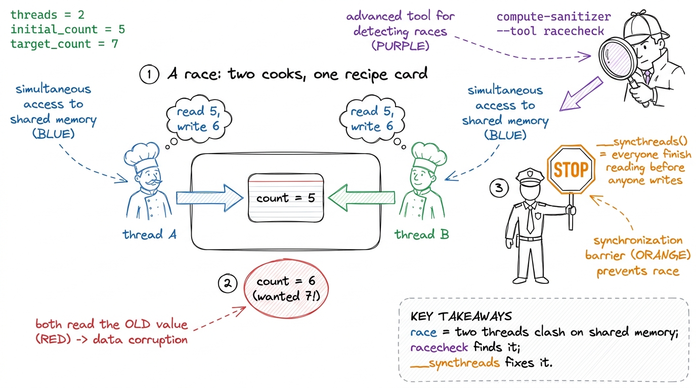 The race, dramatized: two cooks overwrite one card, the count comes out wrong, and a syncthreads traffic-cop is the fix.