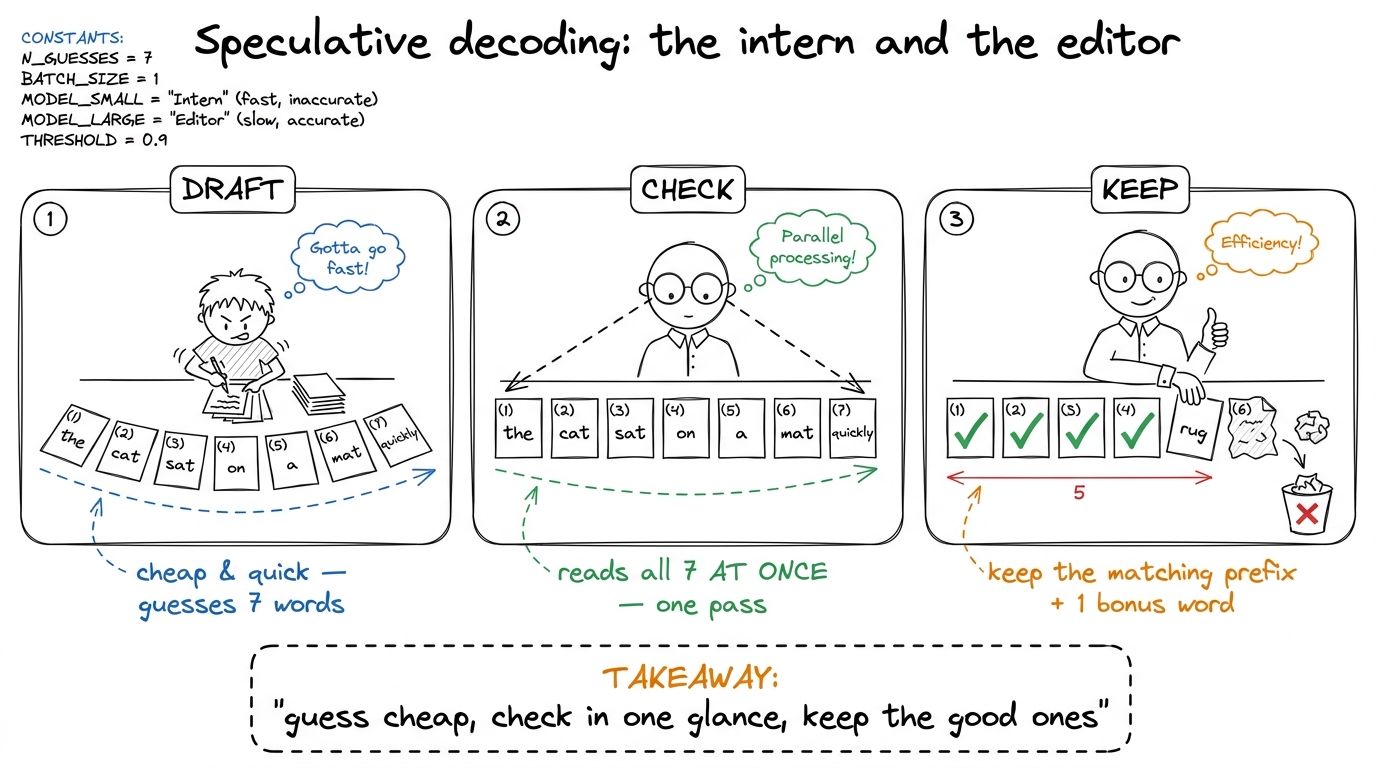 The core metaphor: a cheap intern guesses several words, a careful editor checks them all in one glance and keeps the ru
