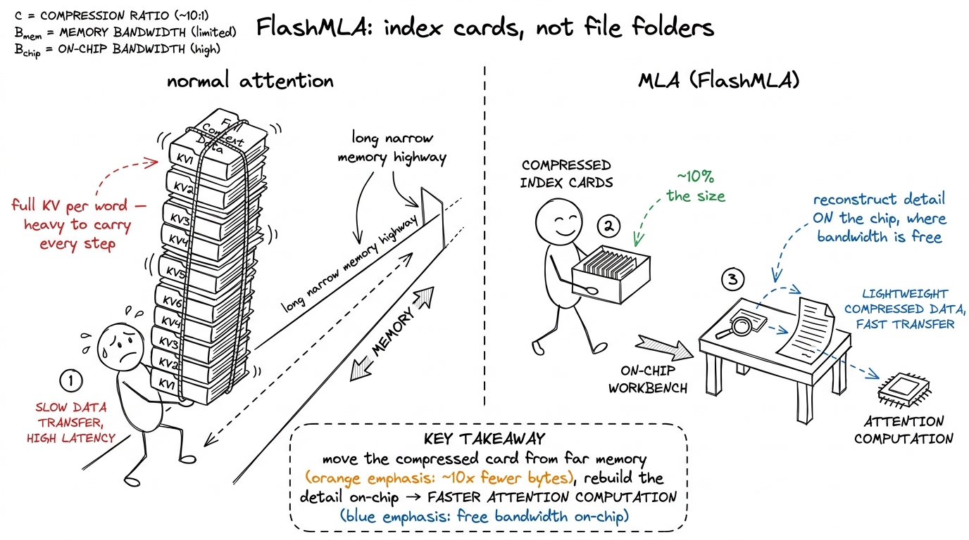 FlashMLA taught as index cards versus file folders: carry the tiny compressed version, rebuild the full detail on-chip.