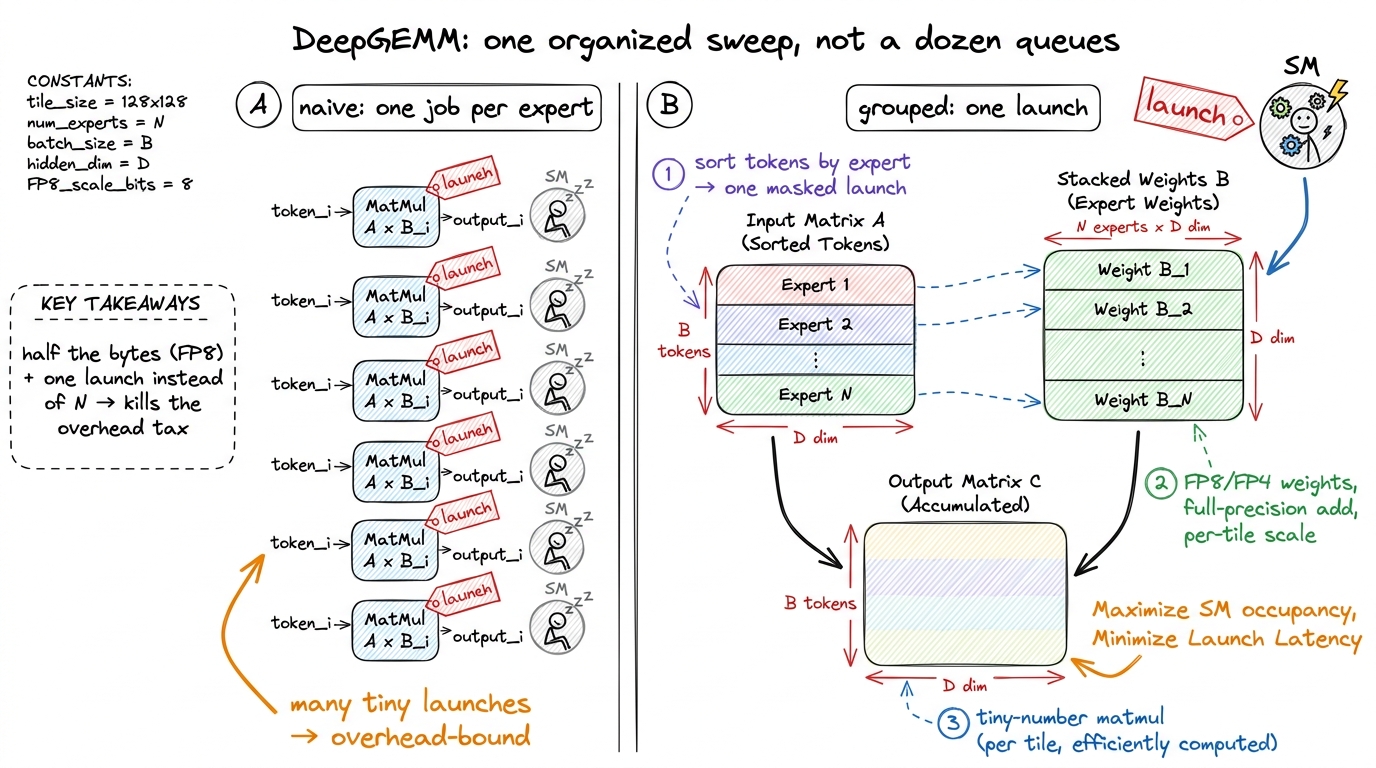 DeepGEMM packs all the experts into a single grouped, low-precision matrix multiply instead of a swarm of tiny launches.
