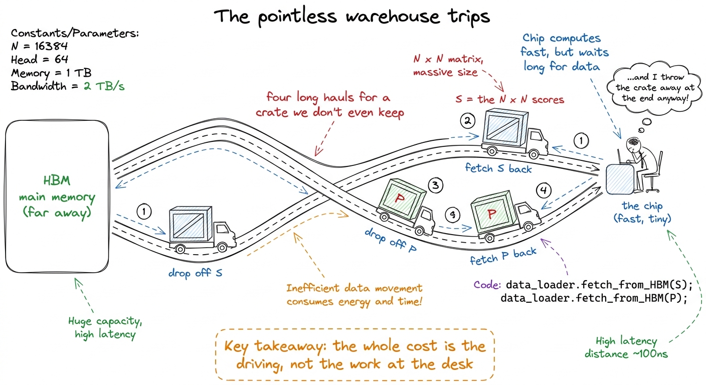 Naive attention as a truck making four pointless warehouse trips with a giant crate it discards at the end. The driving 