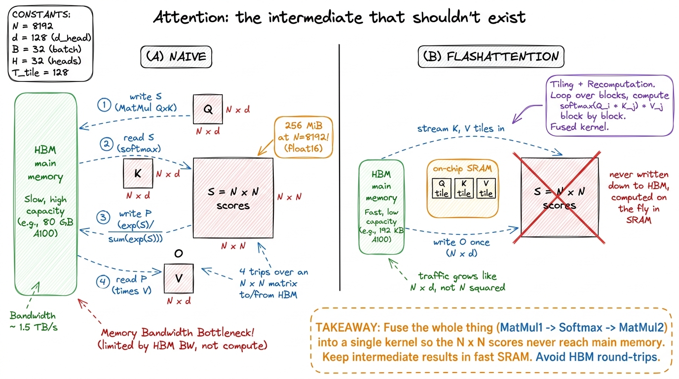 Naive attention makes four trips over an N-by-N matrix. FlashAttention makes none — the scores are born and die on-chip.