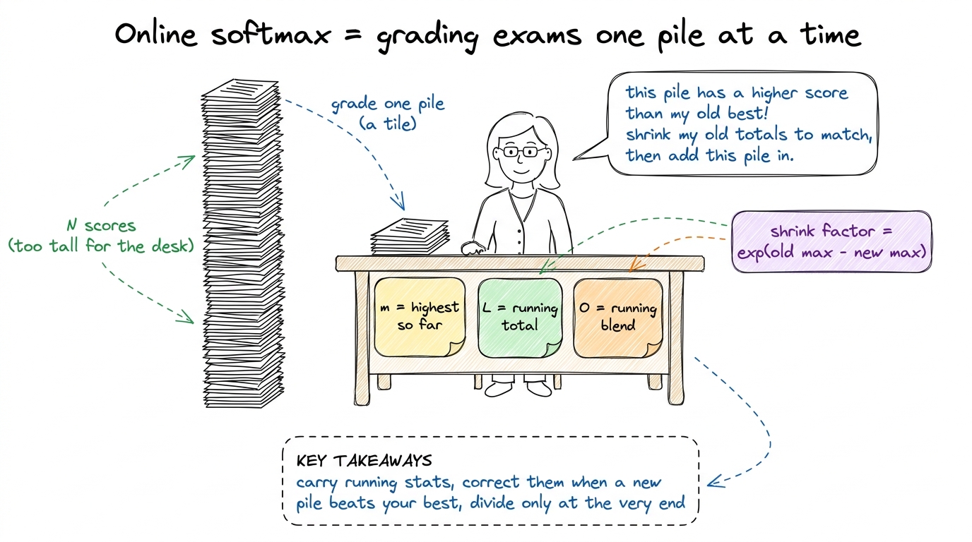 The core trick as a human task: you never lay out the whole stack; you keep three sticky notes and fix them up pile by p
