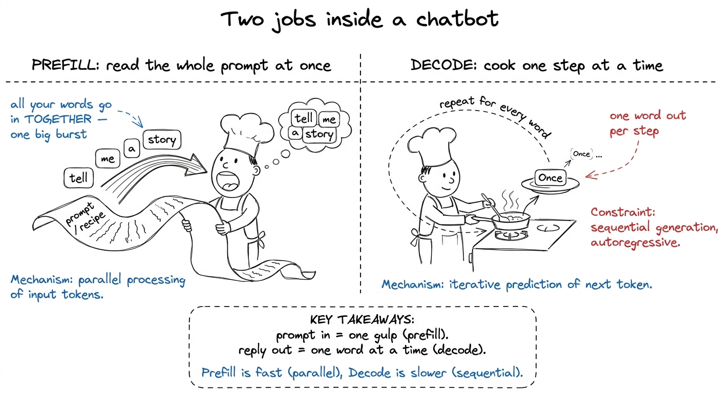 The chatbot does two jobs: read the whole prompt at once, then write the reply one word at a time.
