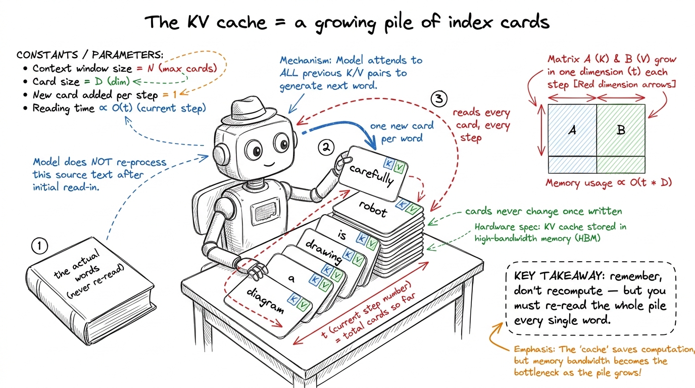 The KV cache turns re-reading the book into flipping through a pile of cards that grows by one per word.