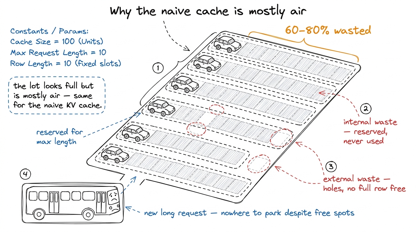 The naive cache reserves whole rows for the worst case and leaves unusable holes — most of the memory is wasted air.
