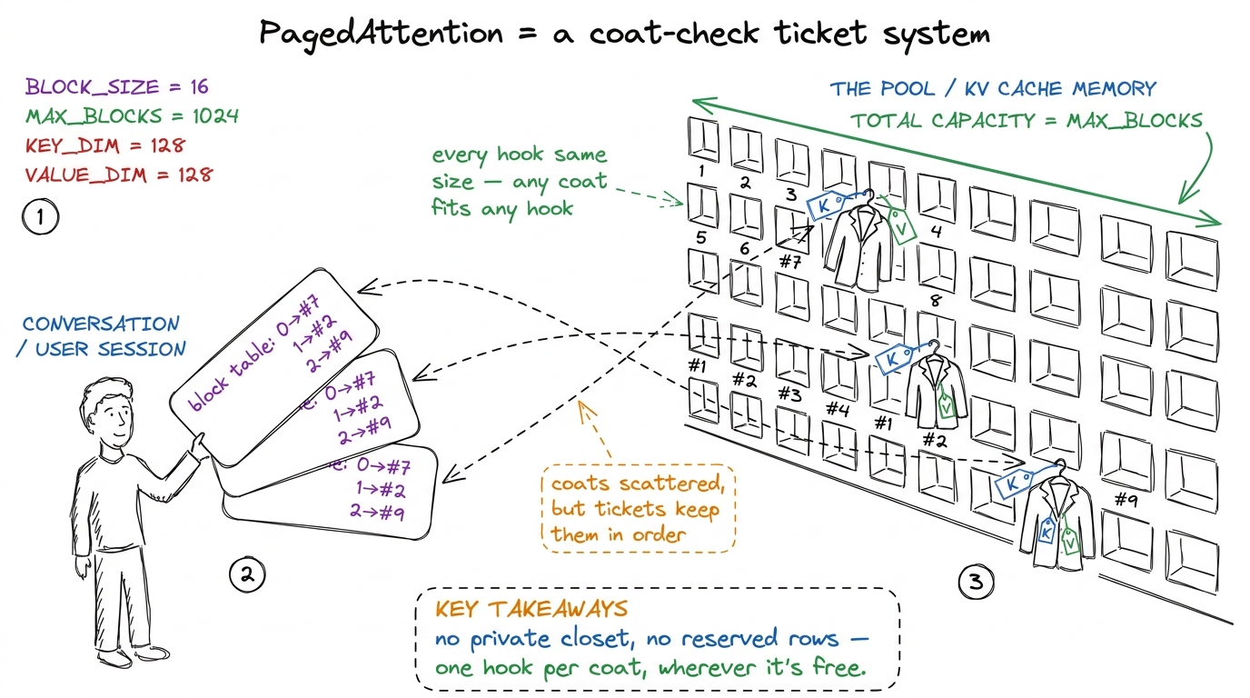 Each conversation holds a fistful of tickets (the block table) pointing at coats (KV blocks) scattered across a shared c
