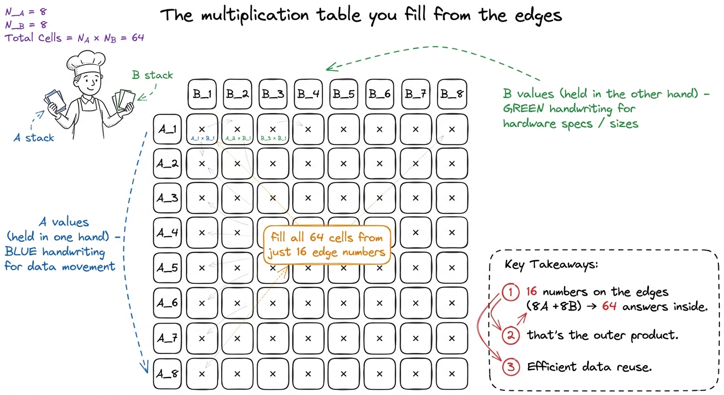 The outer product taught as filling a times-table: 8 edge numbers on each side generate all 64 interior answers.