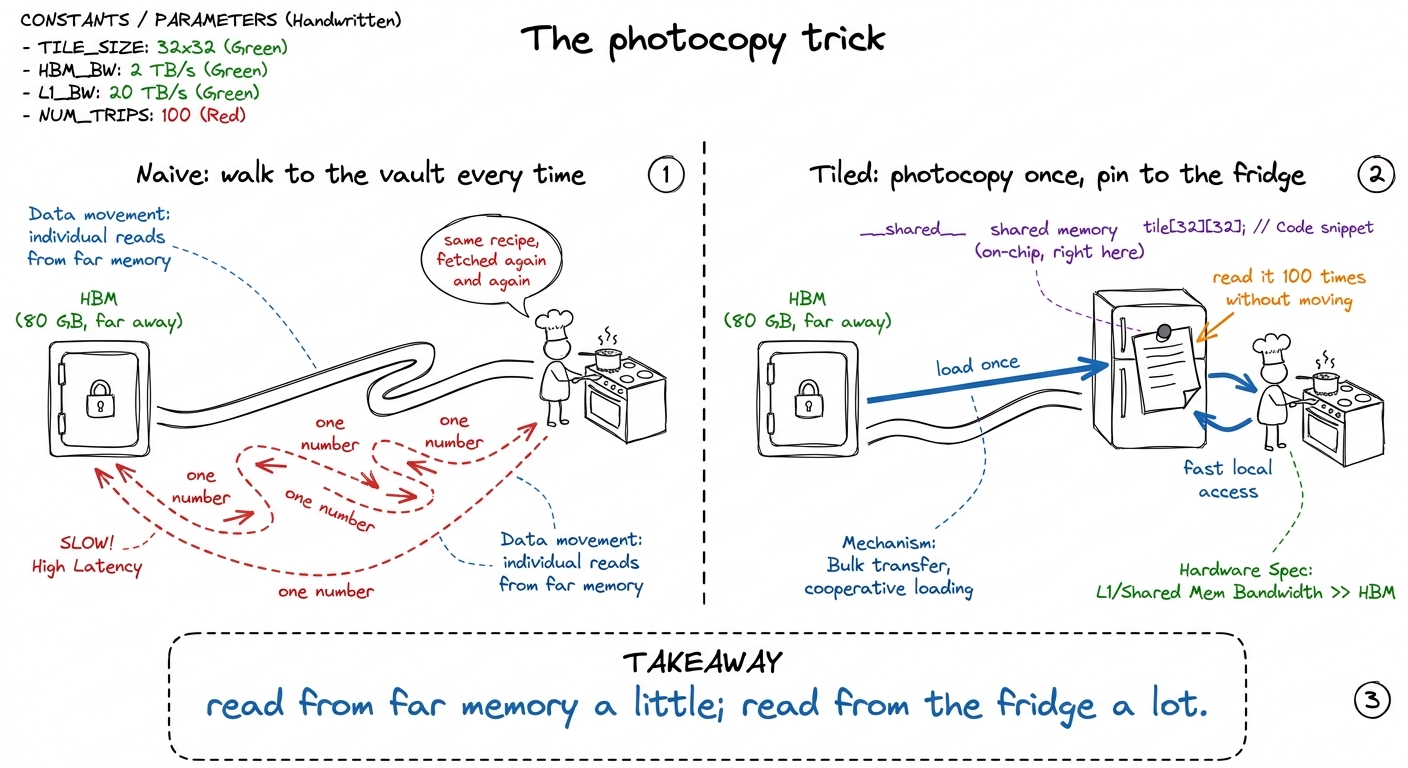 The whole chapter in one picture: stop walking to the vault; pin a photocopy to the fridge.