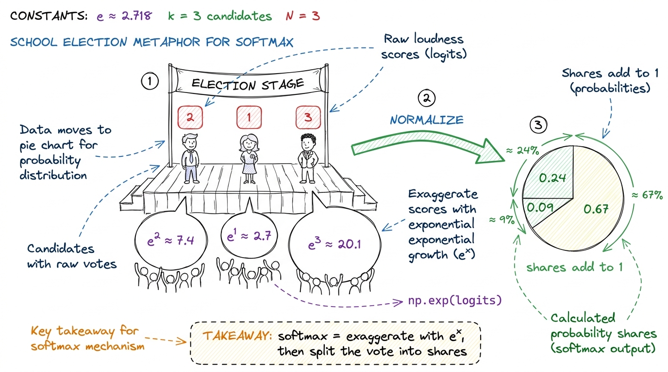 Softmax as a school election: exponentiate the scores into cheers, then divide into shares of the vote.