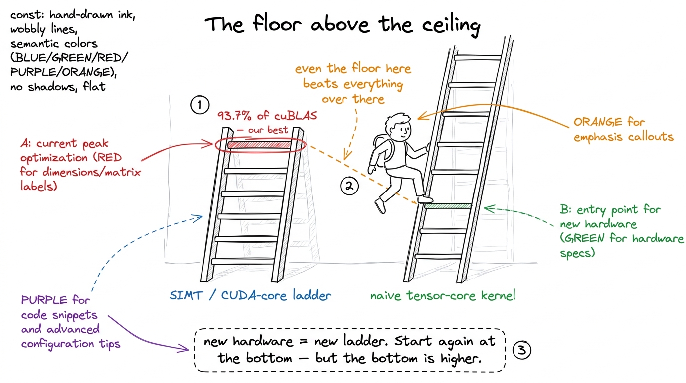 The reframe students need: tensor cores are a whole new, taller ladder, and its lowest rung already beats the old ladder