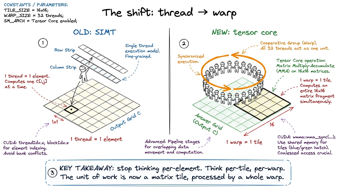 The core reframe: SIMT is one thread per element; the tensor core is one warp per tile. This is the idea the whole chapt