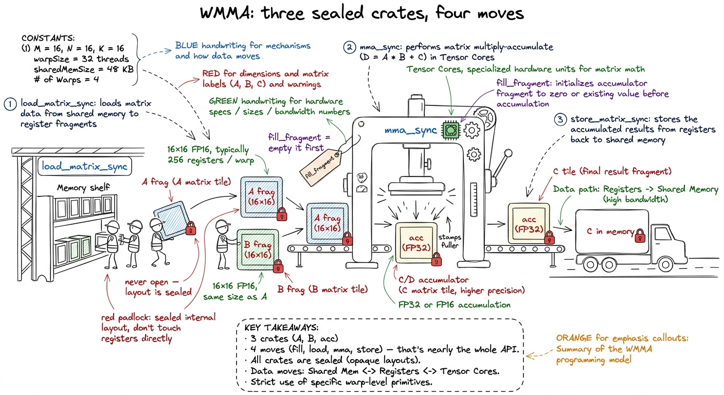 The whole WMMA API as a loading dock: three sealed fragment crates and four warp-collective moves, no peeking inside.