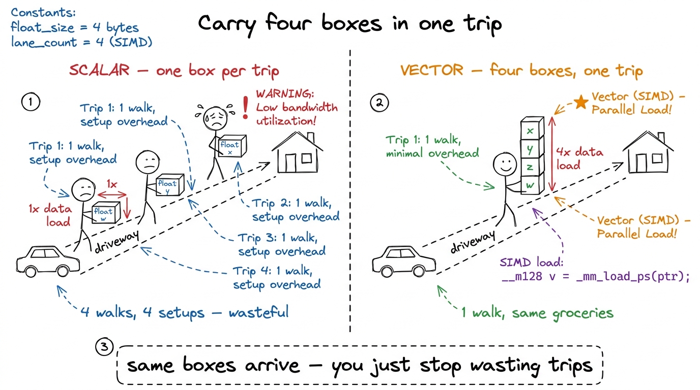 The whole idea in one picture: four floats carried in one trip cost the same as one float, so stop making four trips.