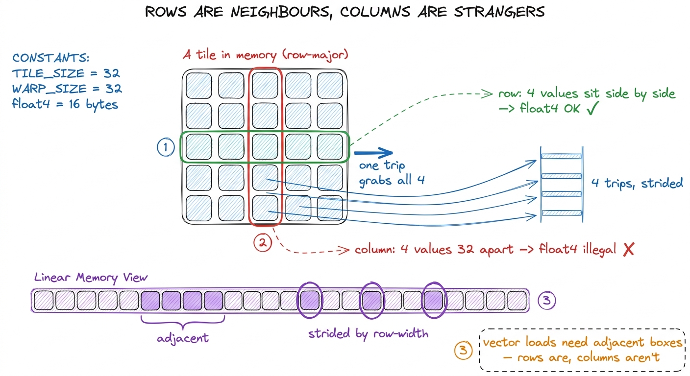 Why B vectorizes for free but A does not: in memory a row's values are adjacent, a column's are spread a full row-width 