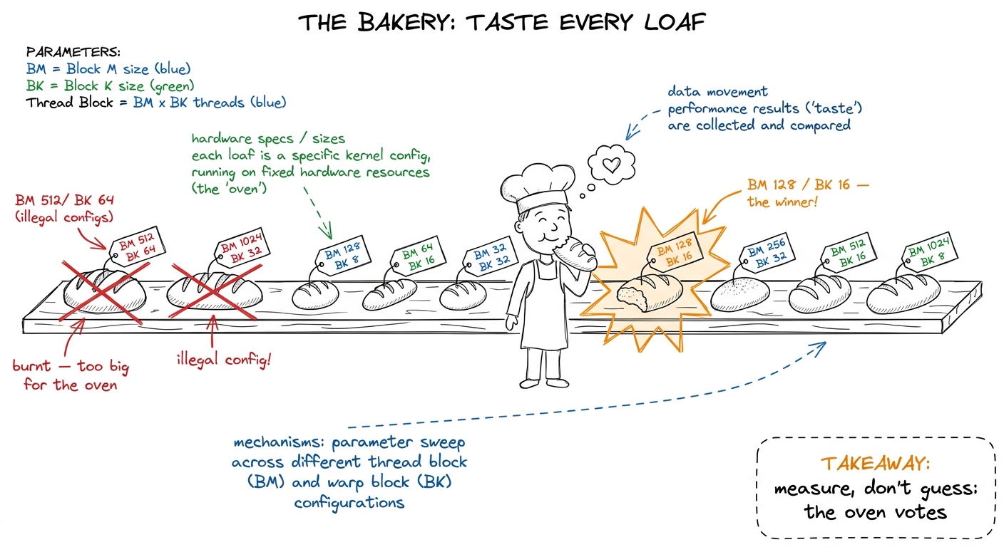 Autotuning as a bakery: bake every legal recipe, time it on the real oven, keep the loaf the machine voted for.