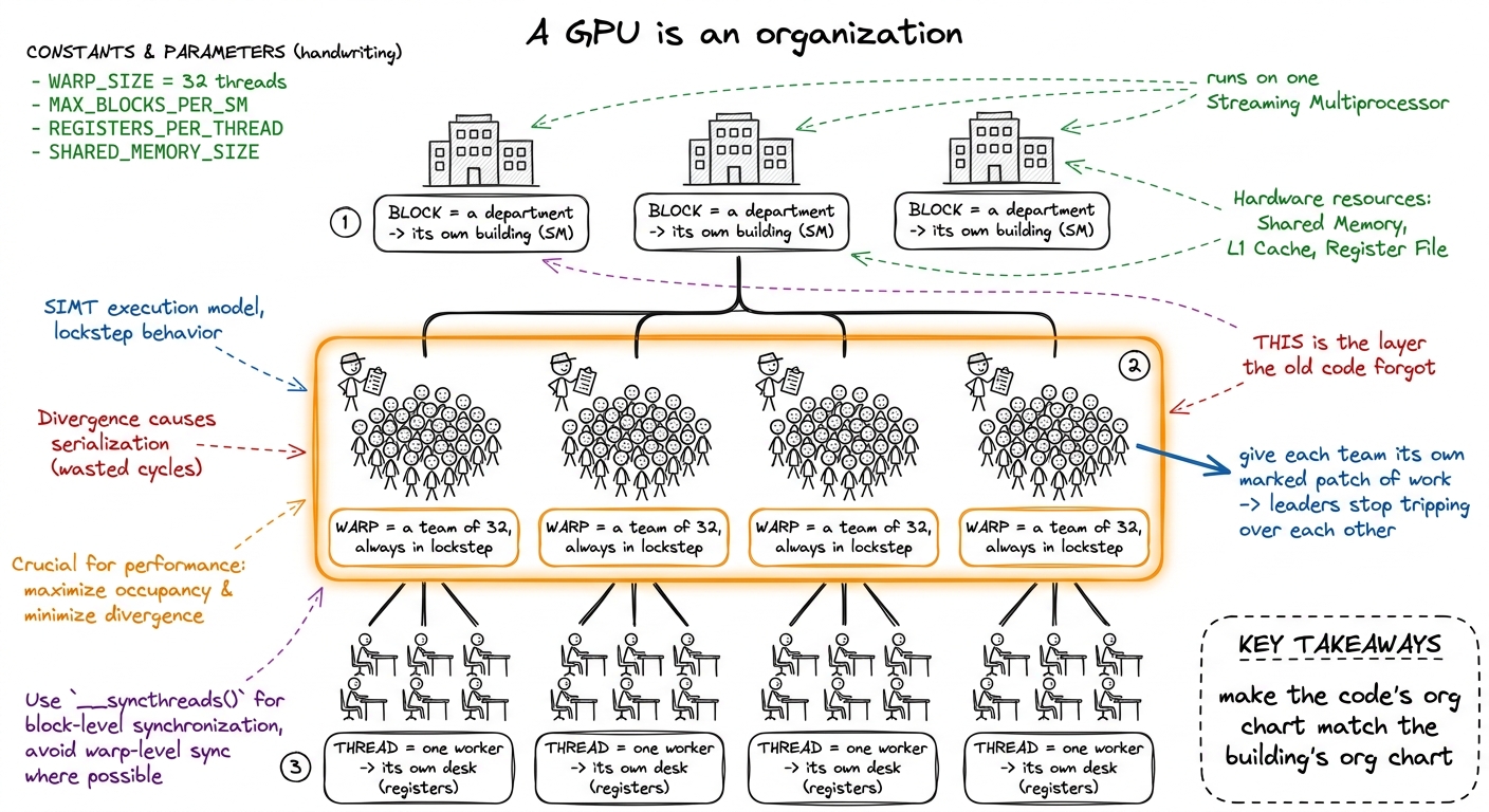 The three-level org chart of a GPU. The block-tiled kernel named departments and workers but never the teams — warptilin