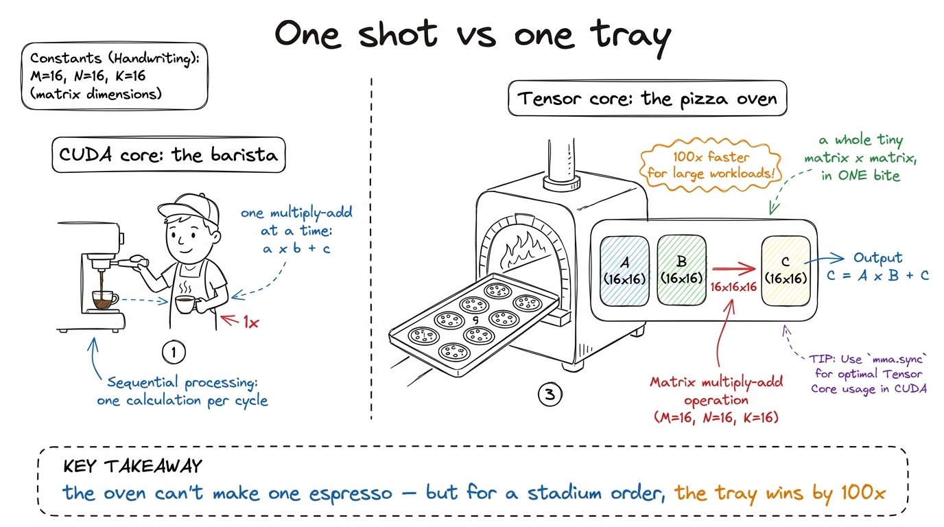 The core metaphor: a CUDA core serves one cup; a tensor core bakes a whole tray at once.
