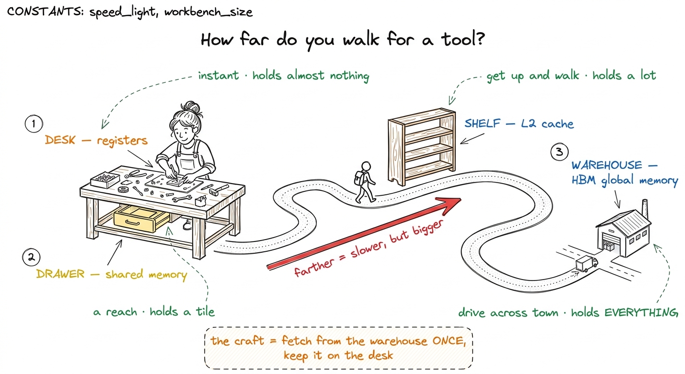 The core metaphor: four distances you walk for one tool. Close is fast but tiny; far is vast but slow.