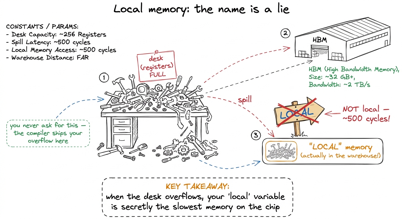 The trap drawn: an overflowing desk spills to the warehouse, and the warehouse box is mislabeled 