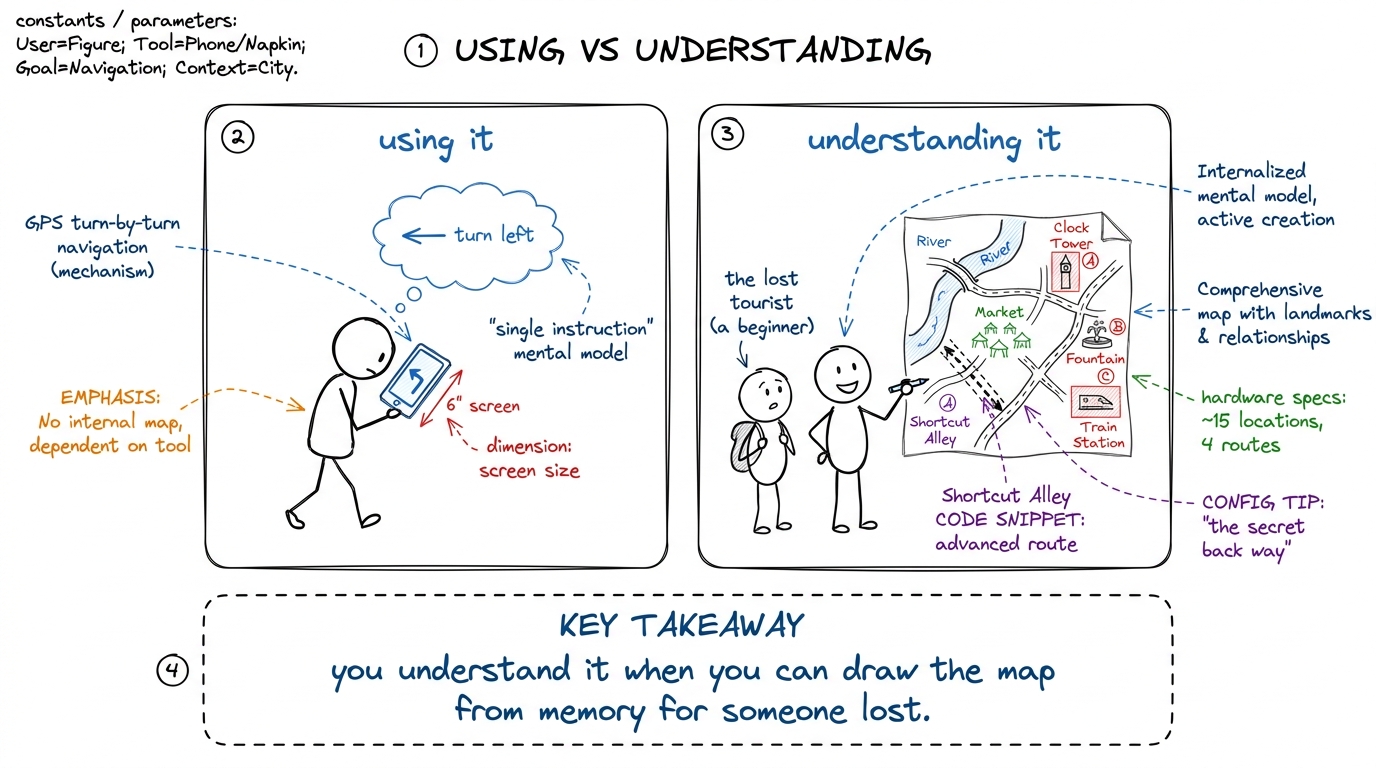 The bar for real understanding: not following the GPS, but drawing the map for a beginner.