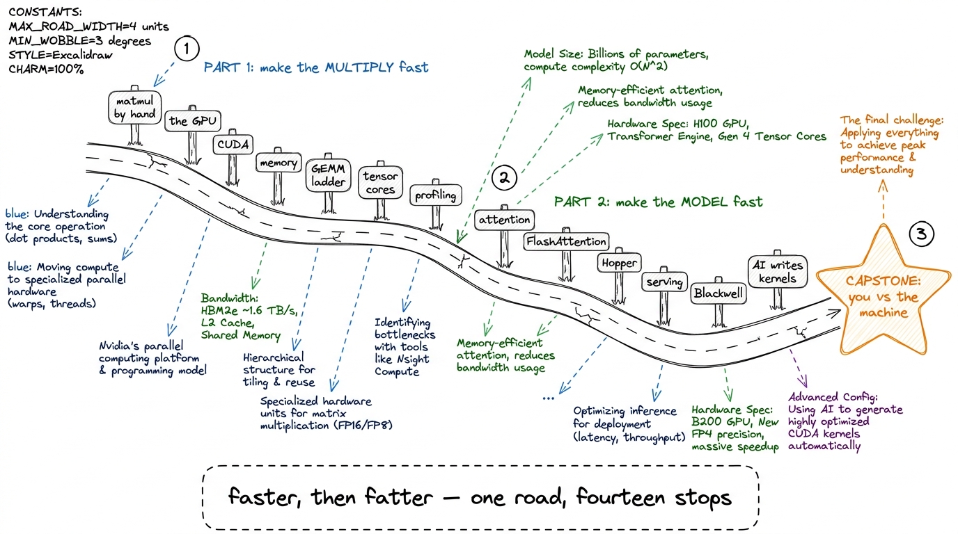 The whole workshop as one road with two halves: make the multiply fast, then make the model fast.