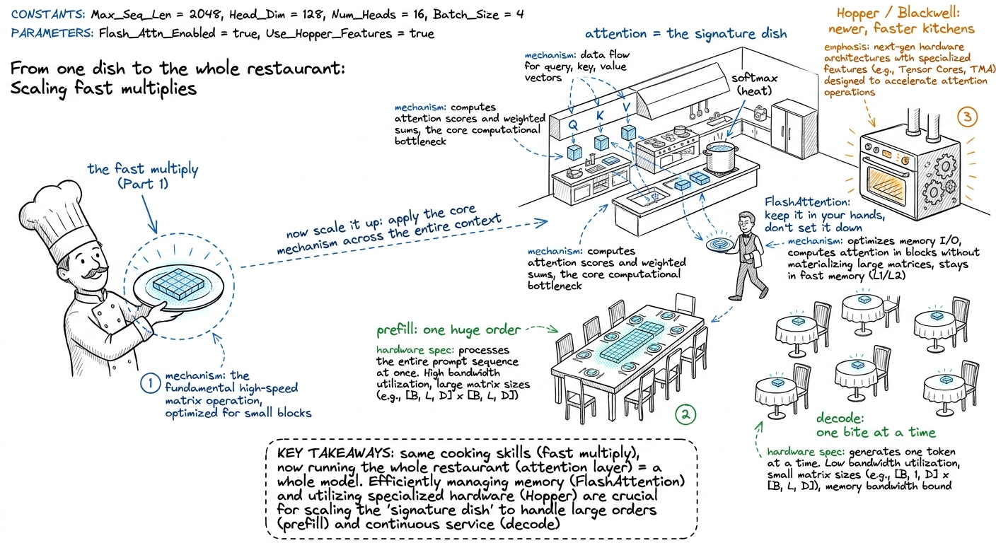 Part 2 as running the whole restaurant: attention is the dish, FlashAttention keeps it in-hand, serving feeds the whole 
