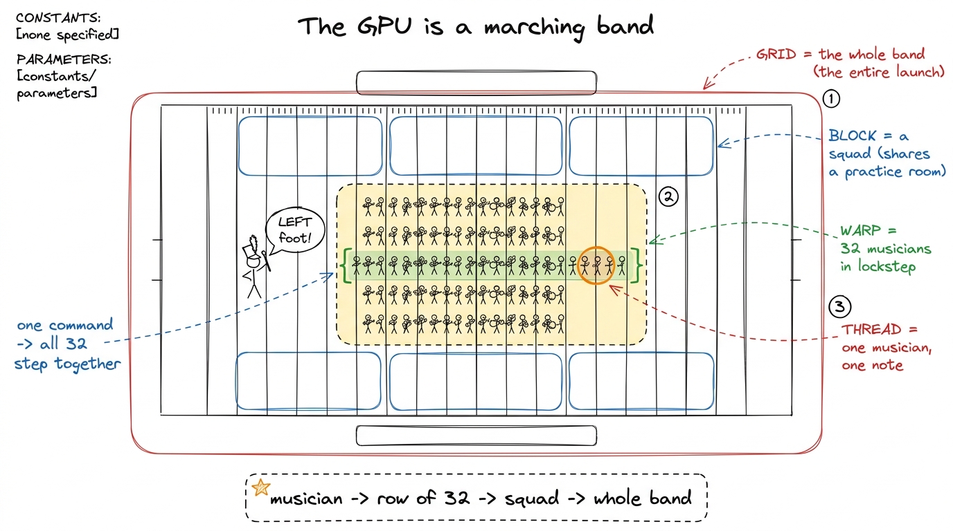 The core metaphor: one thread is a musician, a warp is a row of 32 marching in lockstep, a block is a squad, the grid is